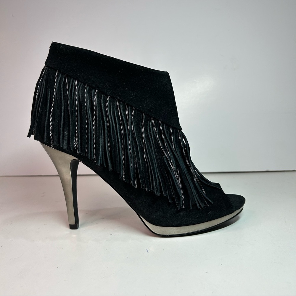 Libby Edelman Women's Bellamy Black Suede Fringe Boho Peep-toe Booties Size 8.5